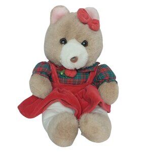 Play By Play Teddy Bear Plaid Dress Christmas Plush 11.5"